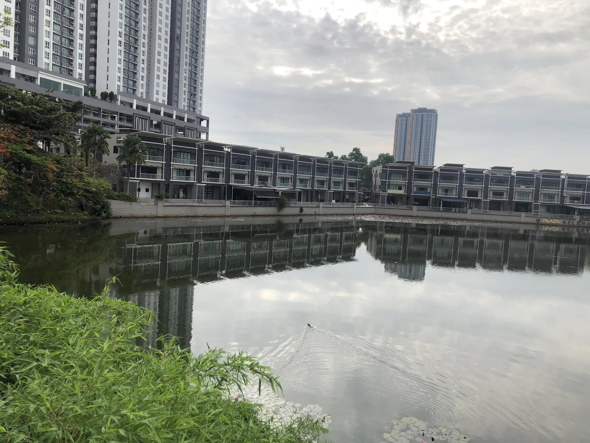 Outdoor pond with seating area